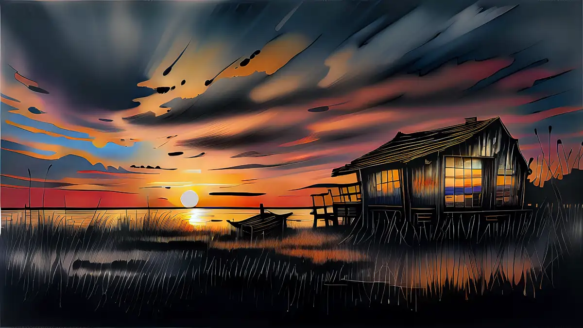 A fishing shack on the bayou at sunset