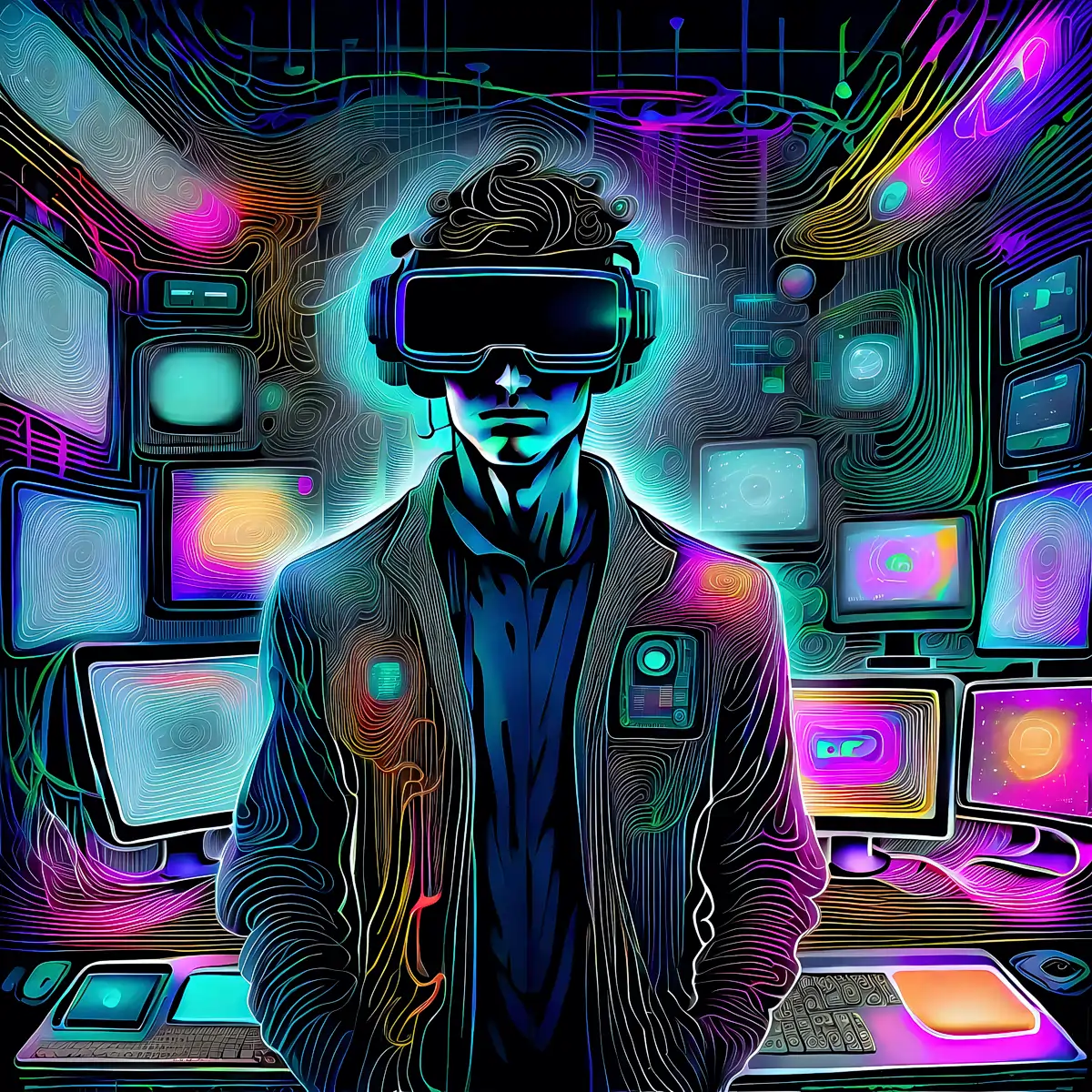 A man with a VR headset looking at you