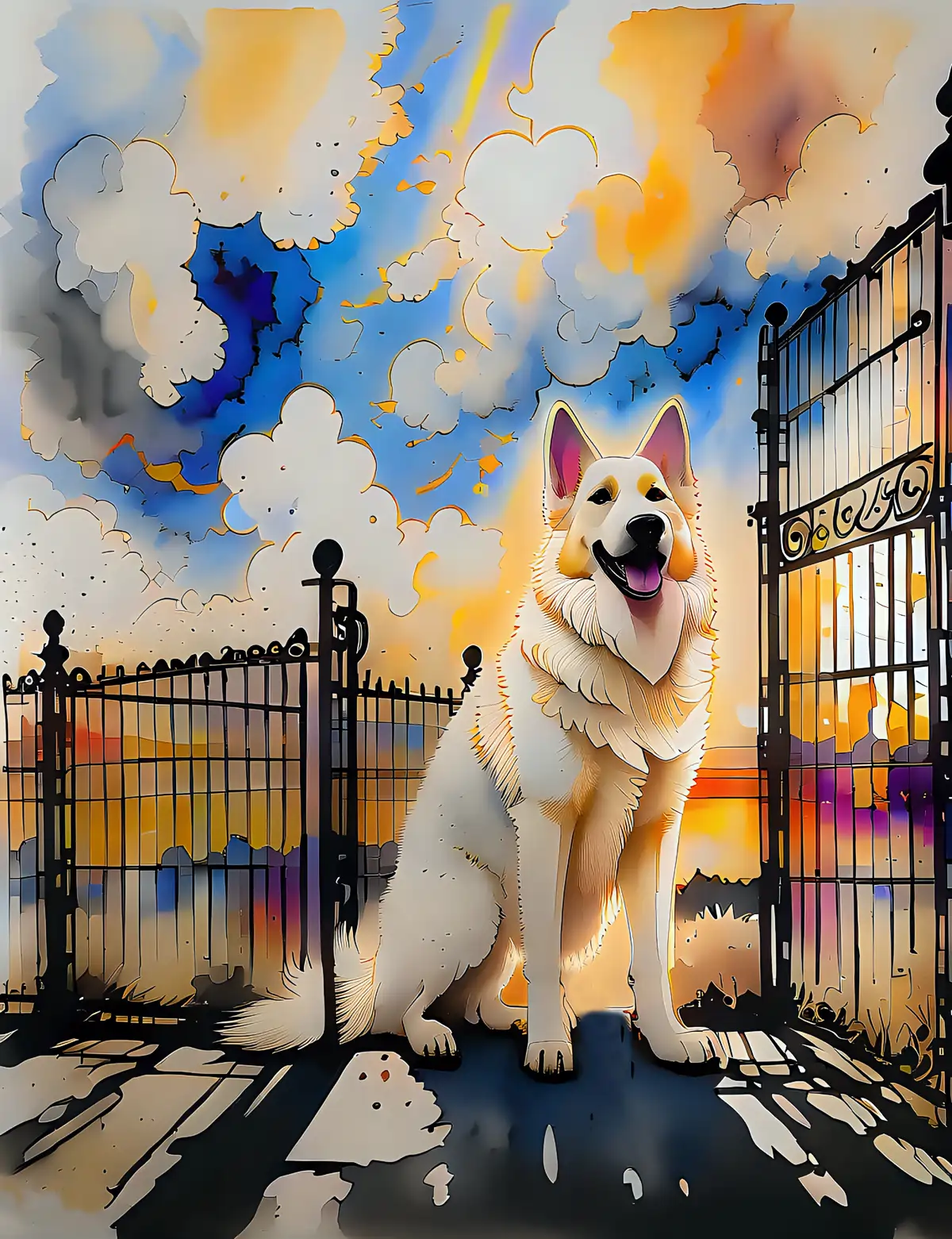 a large white German Shepherd Dog smiling at a black gate